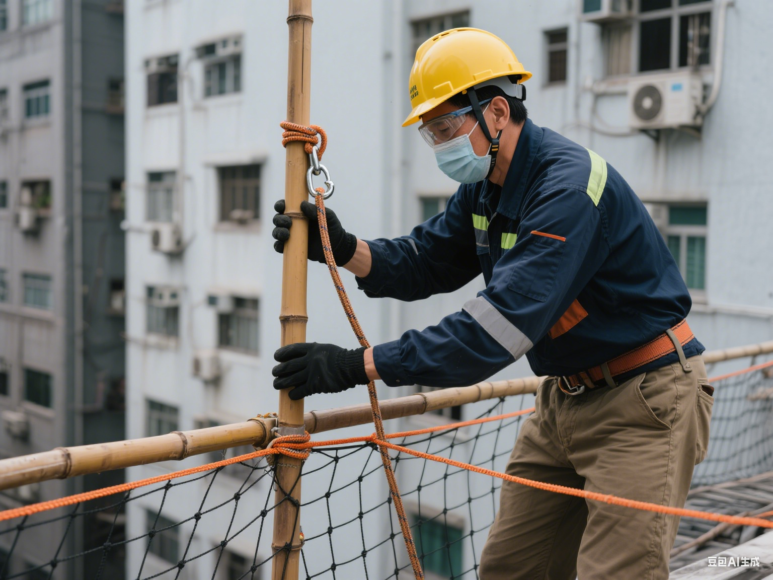 工人在高楼搭建竹棚 工人在高楼搭建竹棚